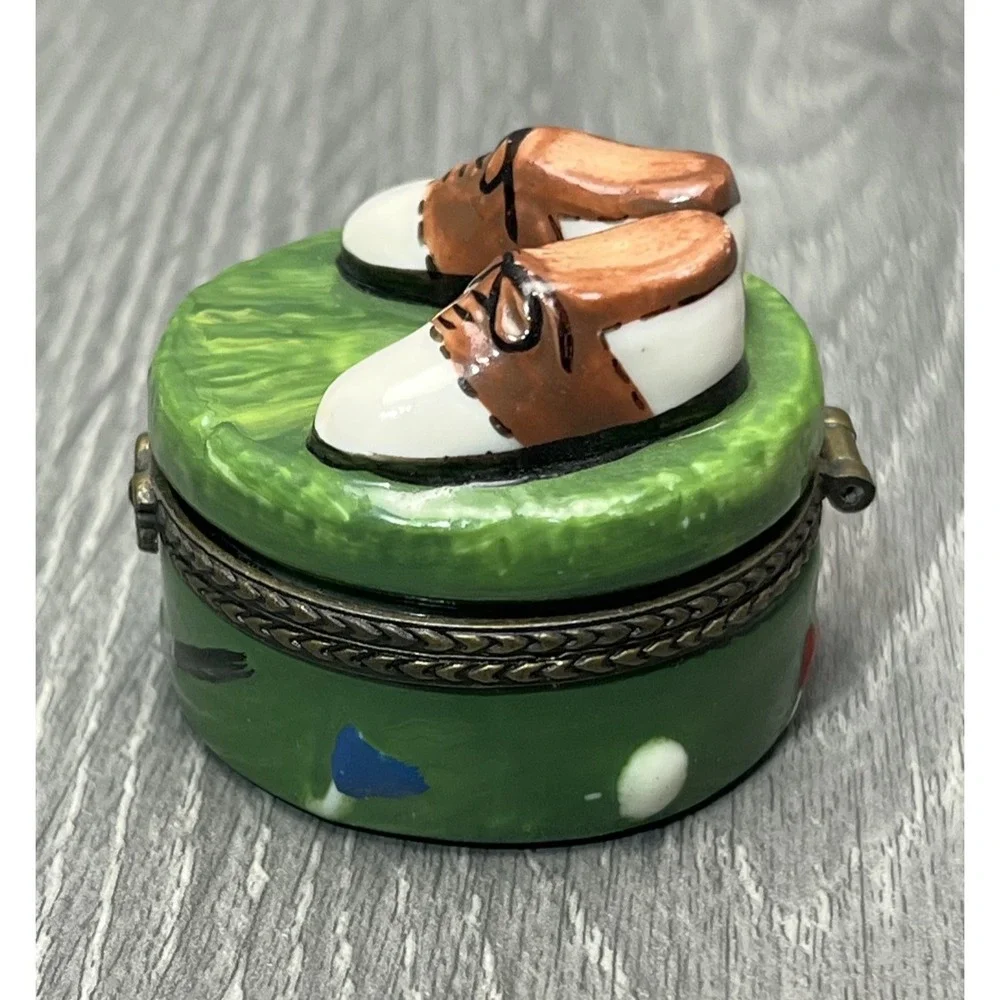 Vintage Golf Shoes on Green Collectible Trinket Box Hinged Ceramic Decorative
